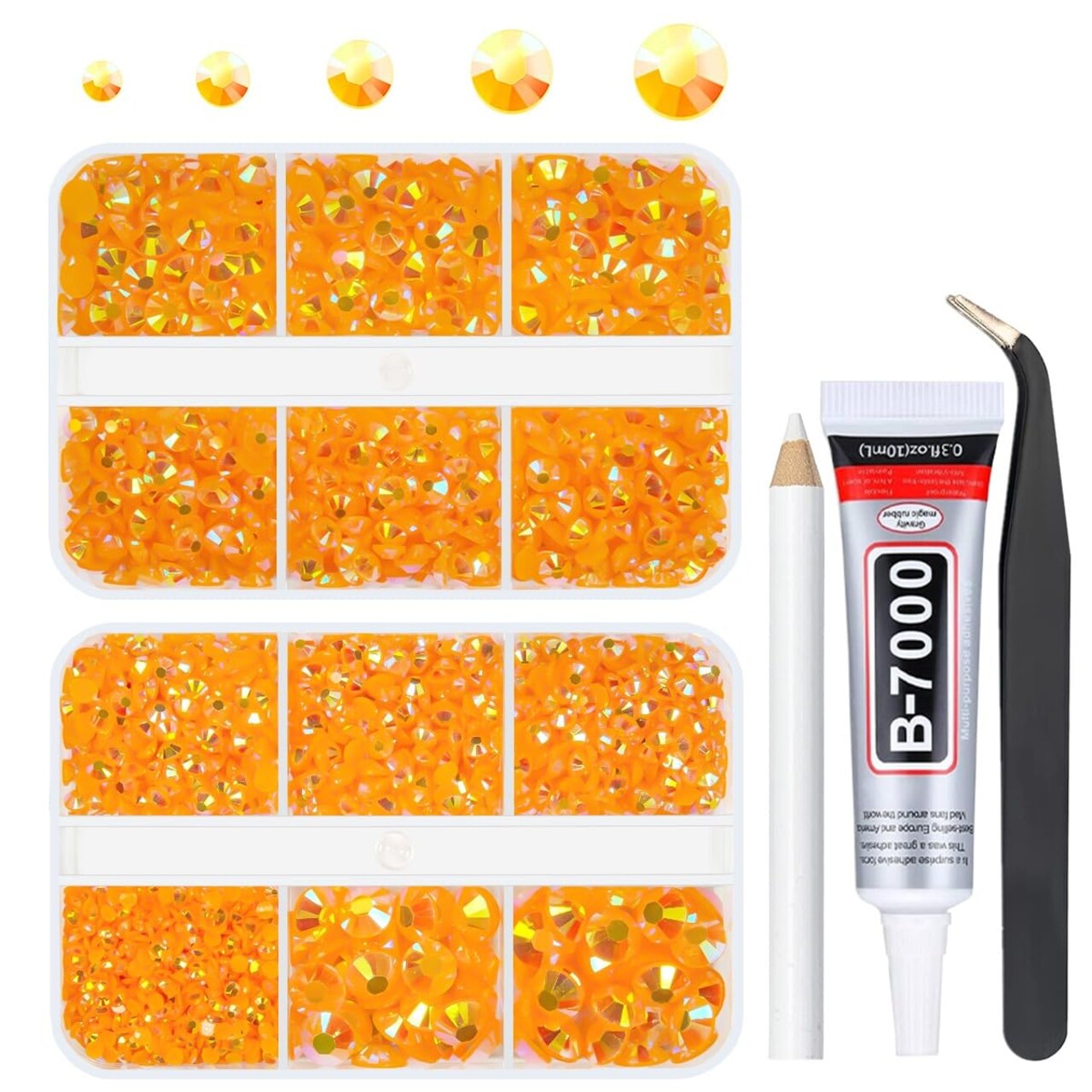qiipii Orange AB Resin Rhinestones w B7000 Jewelry Glue for Bedazzling Crafting 2-6mm Flatback Jelly Stones Diamonds Gems Charms for Face Eyes Makeup Tumblers Bottles DIY Crafts Clothes Shoes